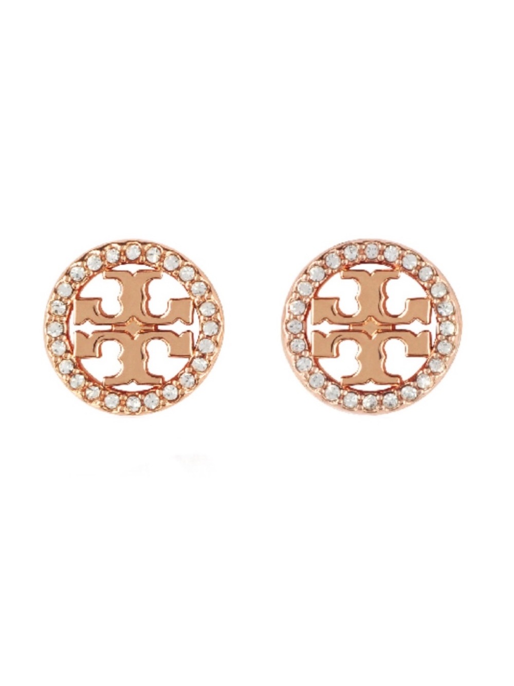 TORY BURCH • Rose Gold Circle Crystal Logo Earrings